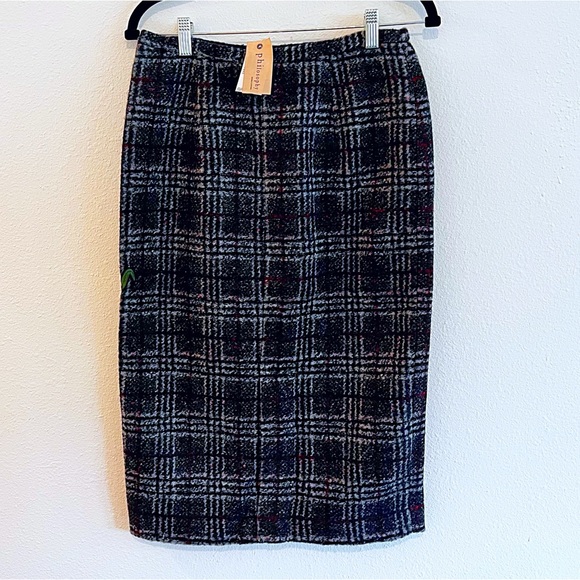 Philosophy Wool Plaid Midi Skirt Red Flower Appliqués - Picture 3 of 10